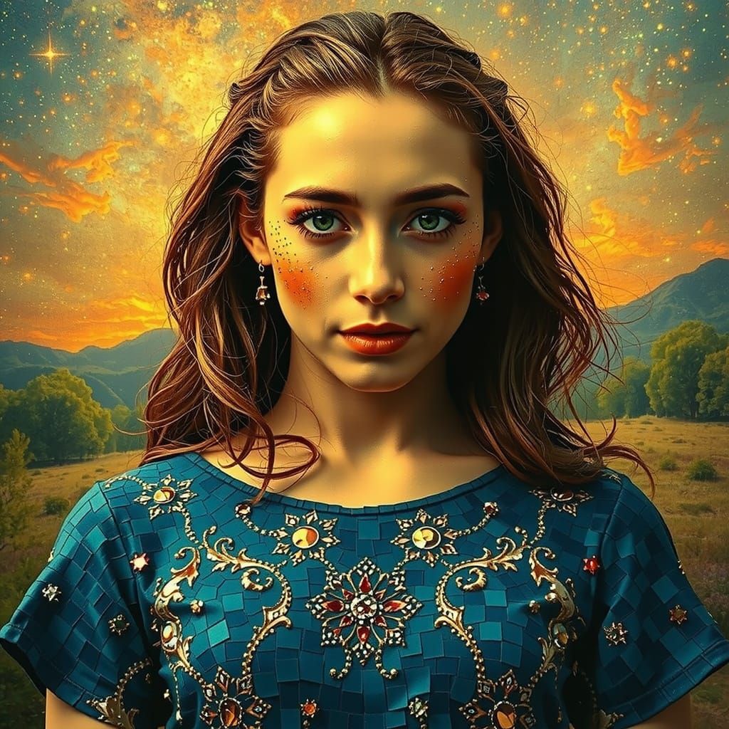 Iridescent Mosaic Woman in Starry Night Sky