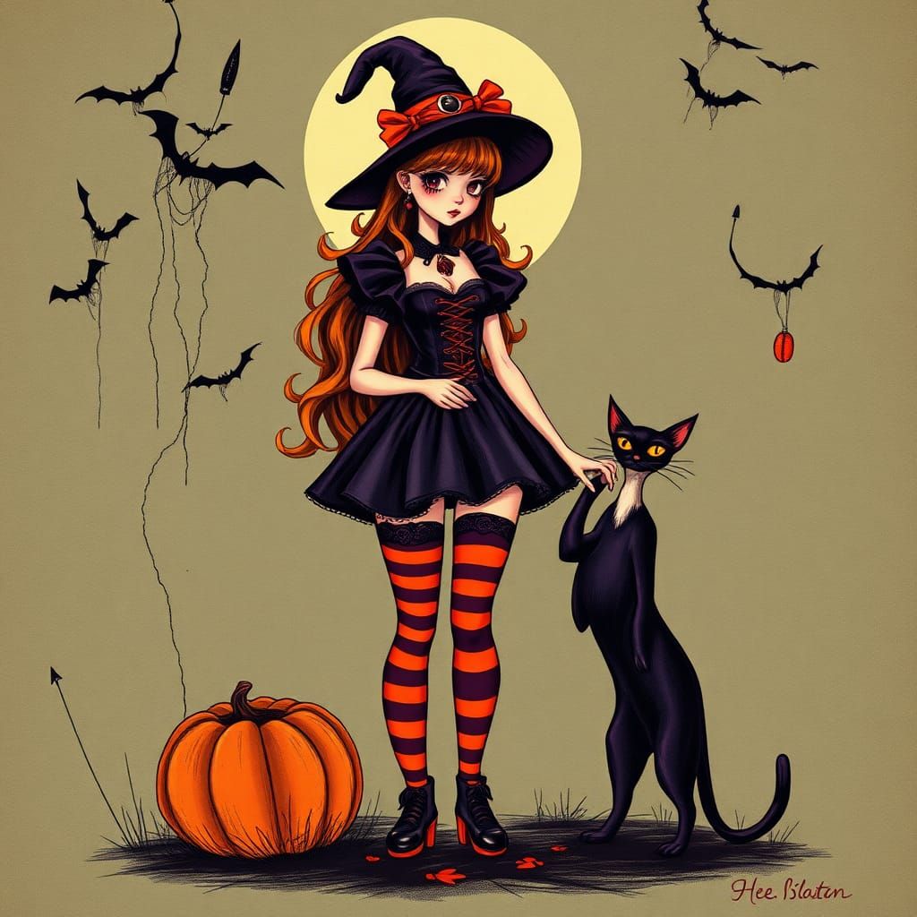 Halloween Girl with Cat in Pop Surrealism Style