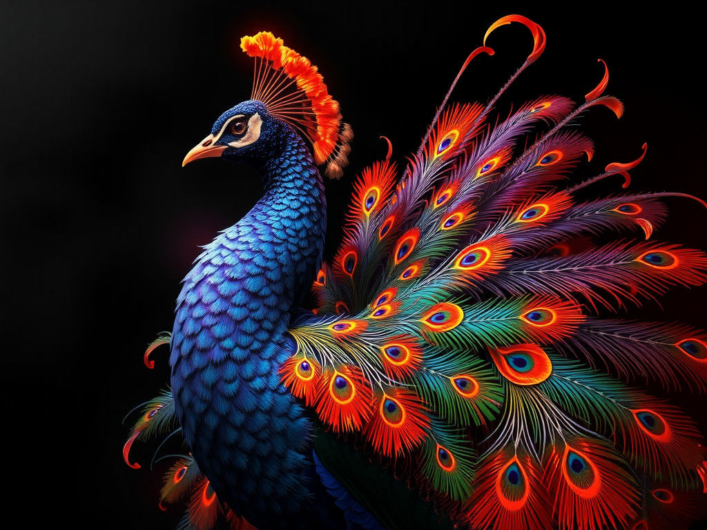Iridescent Fire Peacock in Japanese Anime Style