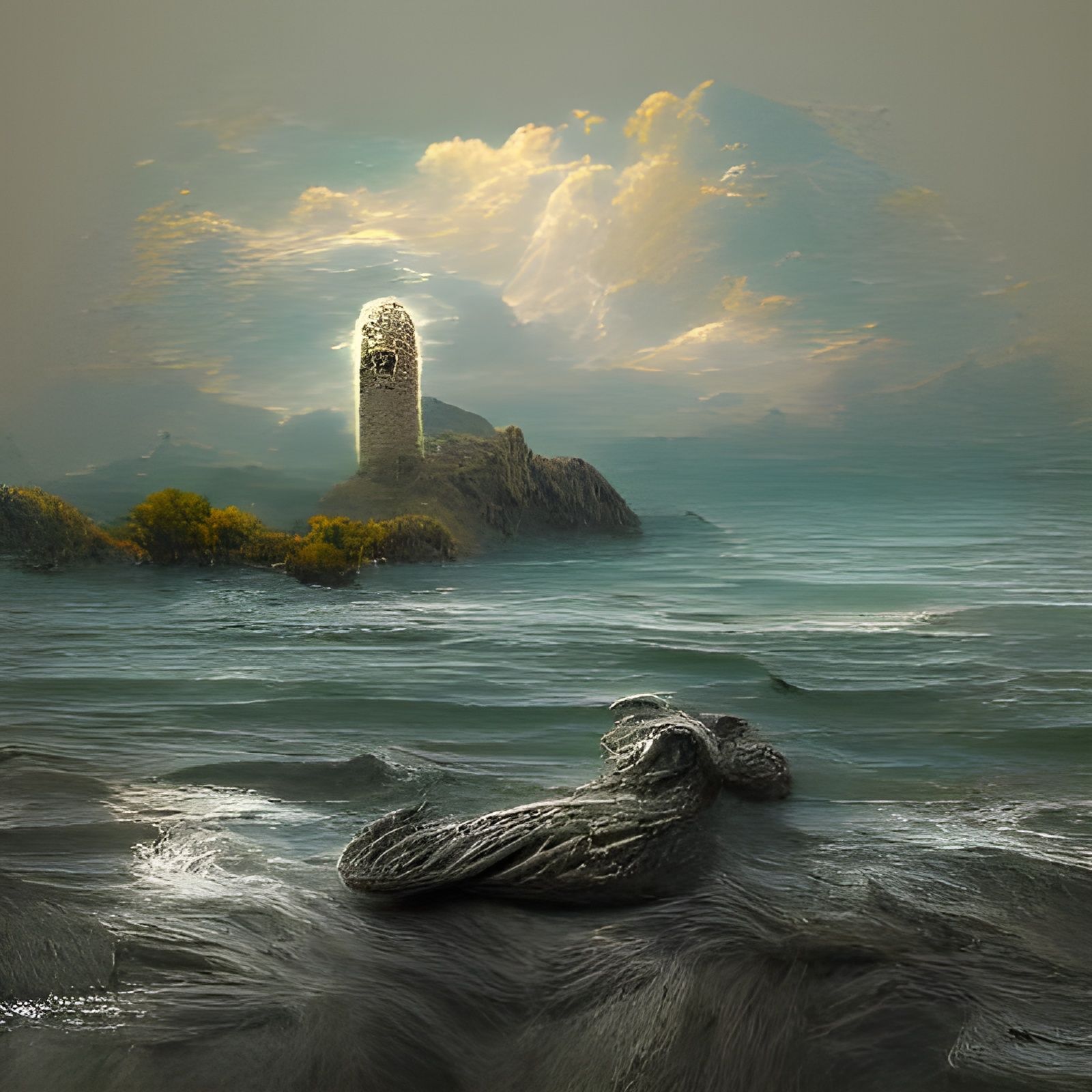 Ancient Lighthouse on Serene Sea: Photorealistic 8K
