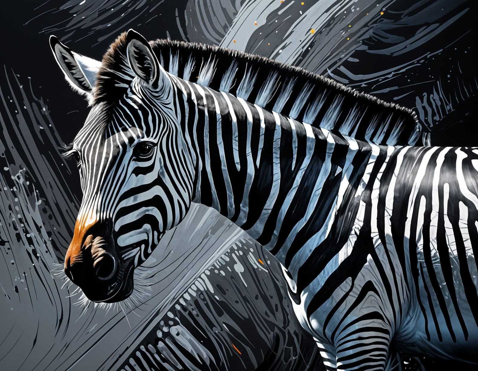 Black Zebra Painting with Silver Highlights
