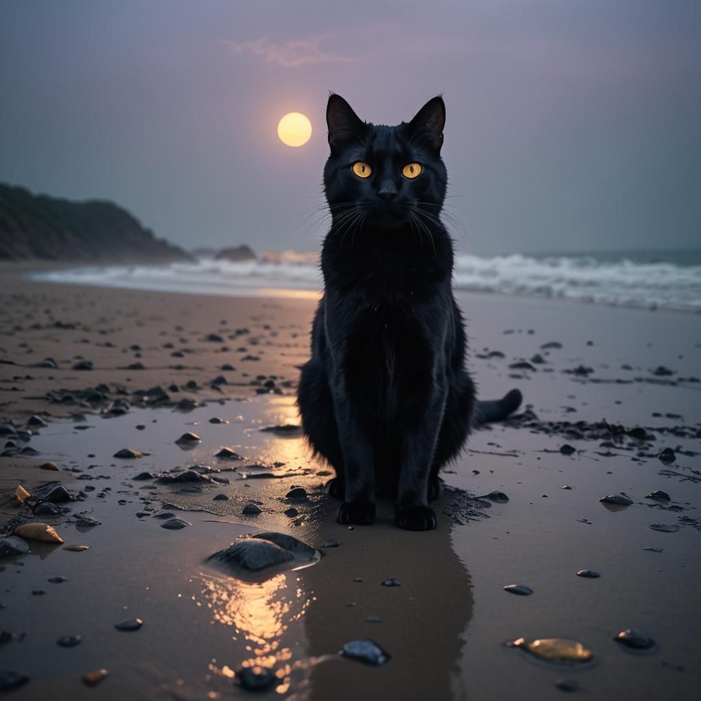 Black Cat on Misty Beach in Dark Fantasy Style