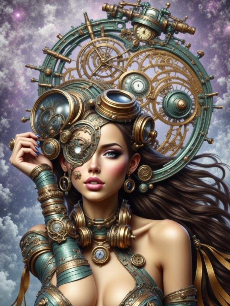 Elegant Steampunk Lady in Cosmic Whirlpool with Gears and Cl...