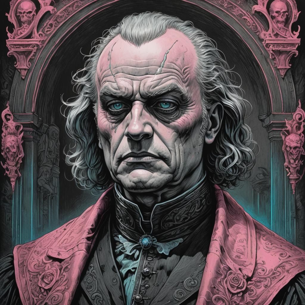 Brooding Baron of Swinelands in Synthwave Horror Style