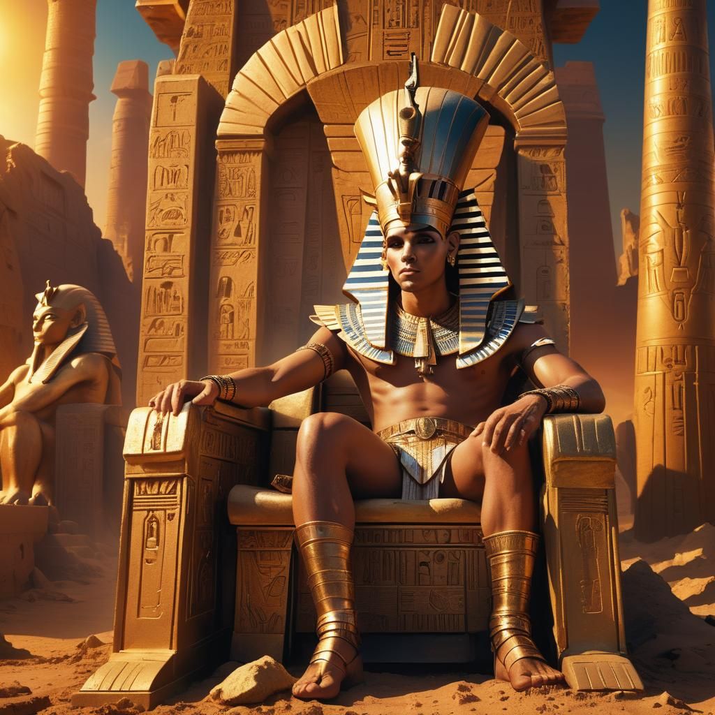 Regal Post-Apocalyptic Pharaoh in Exquisite Fantasy Throne