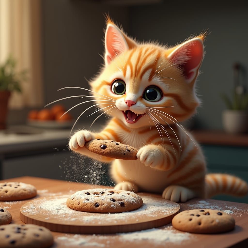 Playful Cat Baking Cookies: Fantasy Concept Art