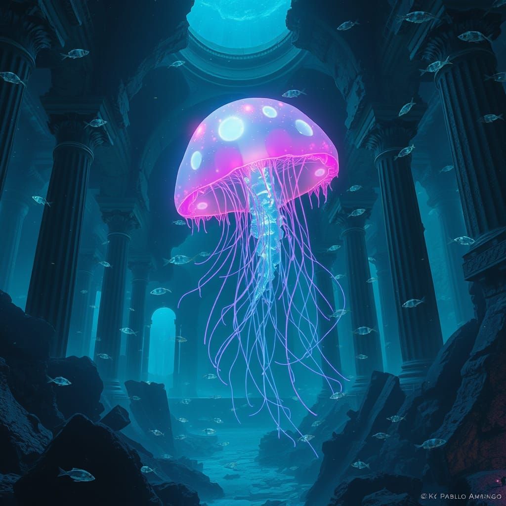 Bioluminescent Jellyfish in Sunken Ancient City Ruins