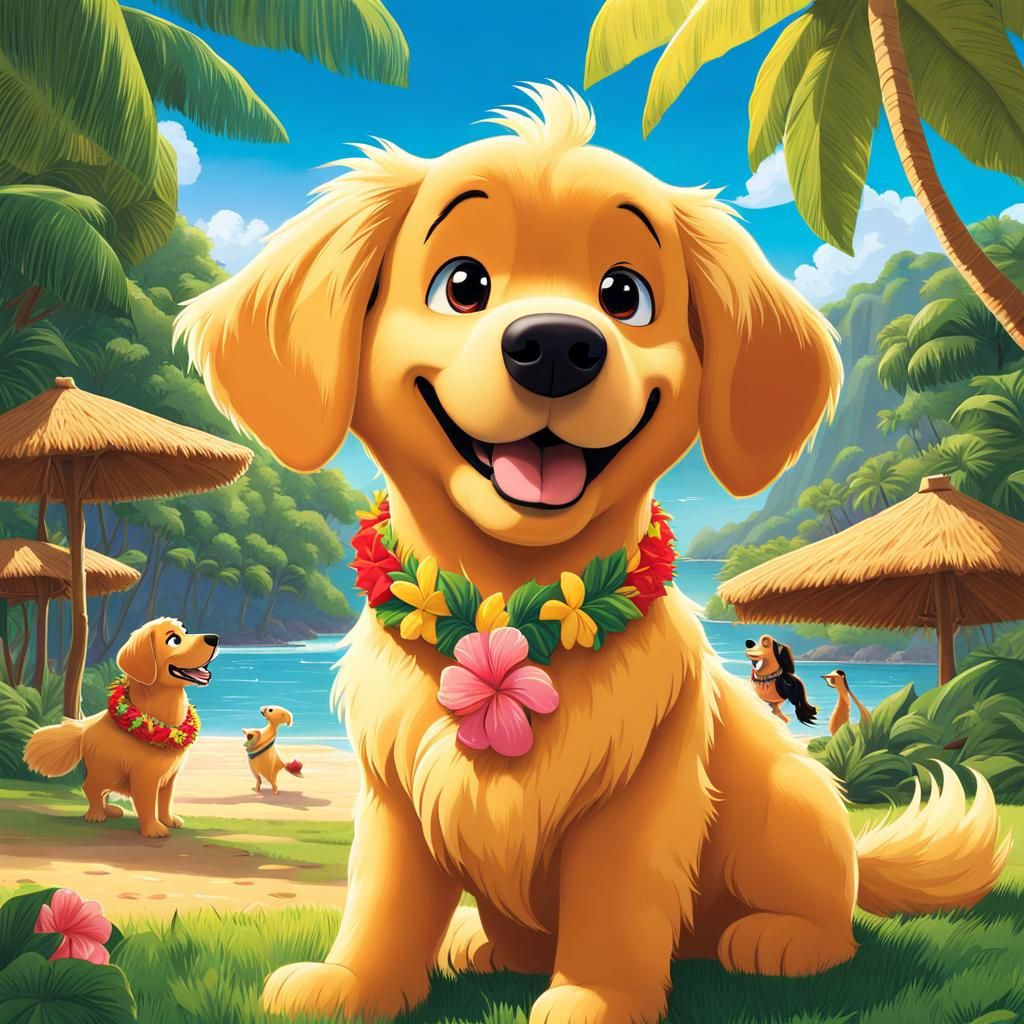 Golden Retriever Hula Dancer: Pixar Style Movie Poster