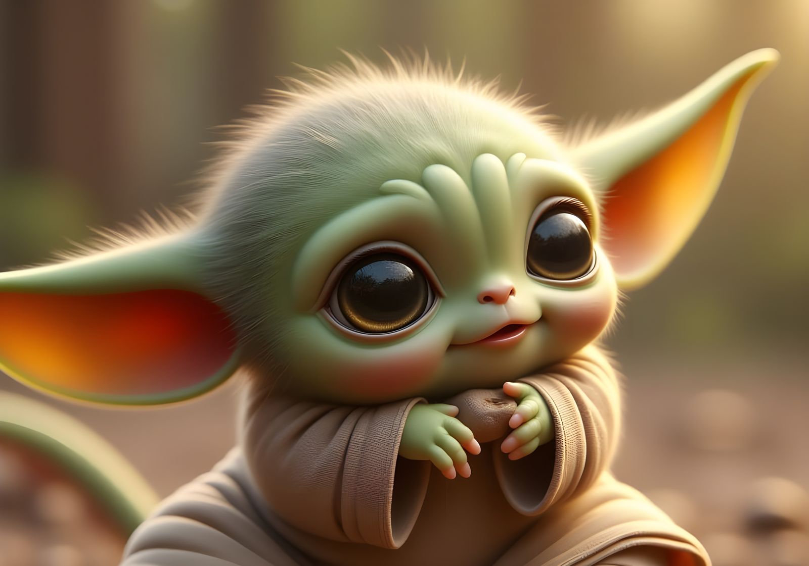 Chibi Baby Yoda Plays with Frogs in Pixar Style