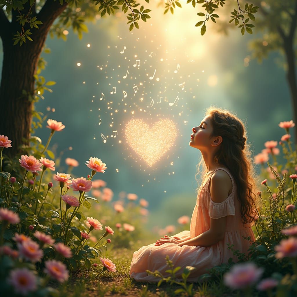 Girl in Garden with Diamond Musical Notes