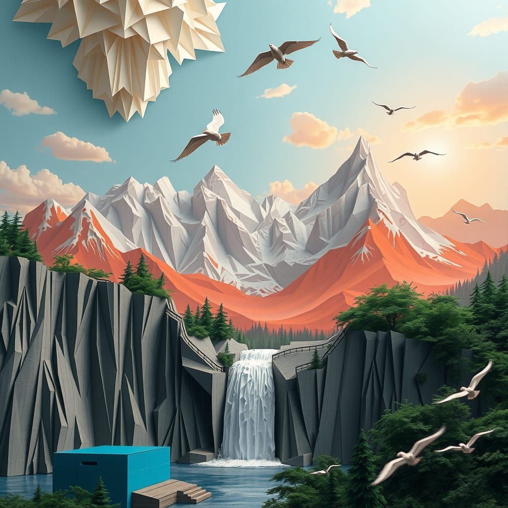 Origami Waterfall Dreamscape in Vibrant Papercraft