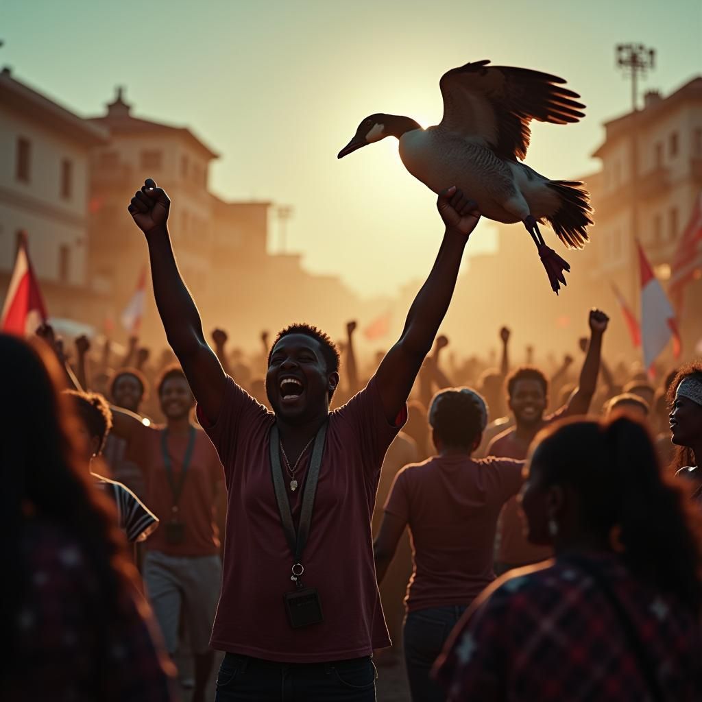 Haitians Rally for Harris with Goose: Cinematic Scene