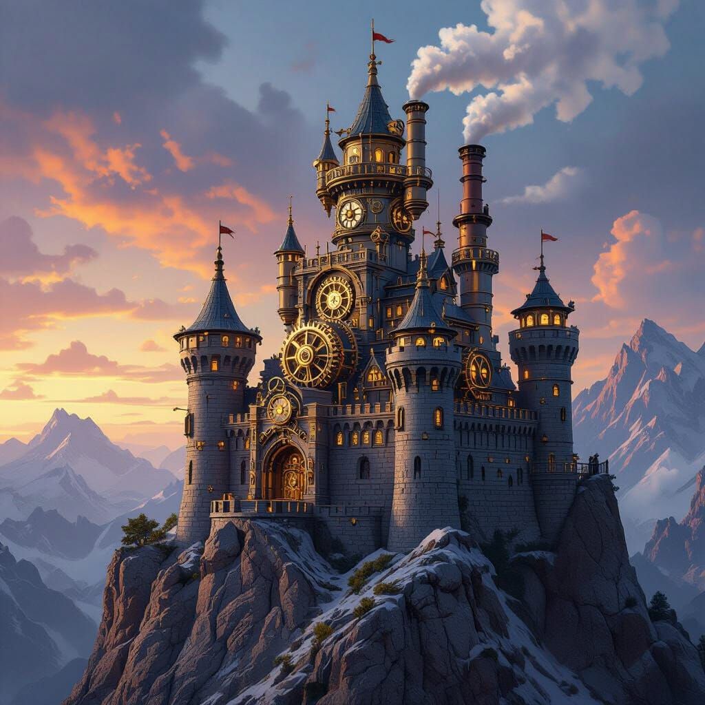 Steampunk Castle on Mountain Peak