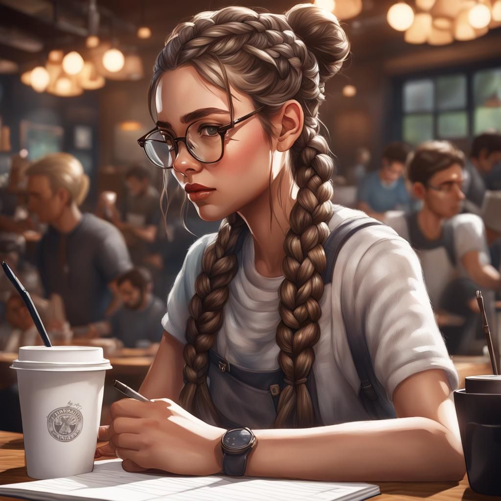 Girl with Braids Sketching, Hyperdetailed Digital Art
