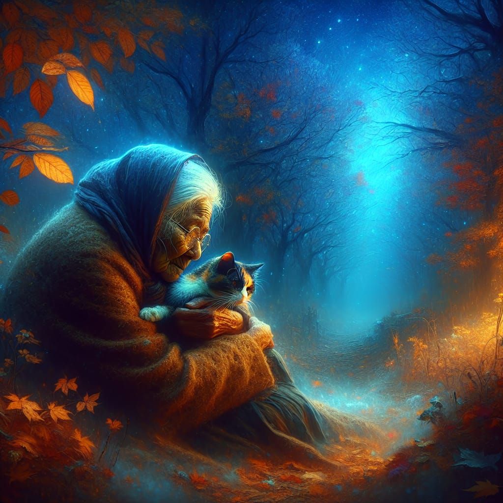 Elderly Woman and Calico Cat in Autumn Fantasy Art