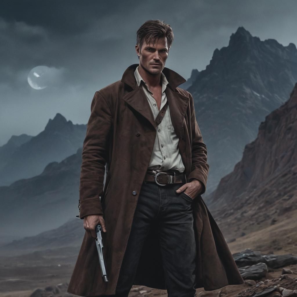 Roland Deschain Gunslinger Portrait with Eerie Moonlit Mount...