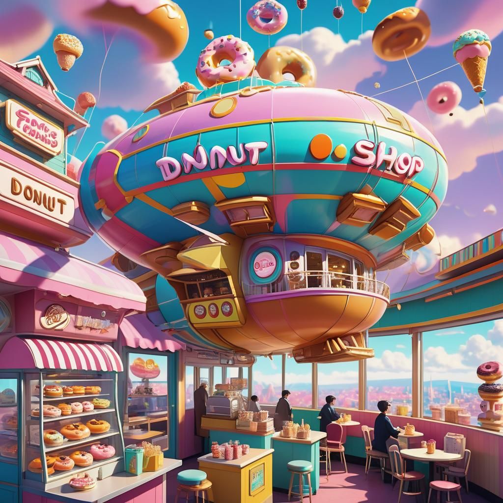 Fantasy Donut Shop Airship in Anime Style