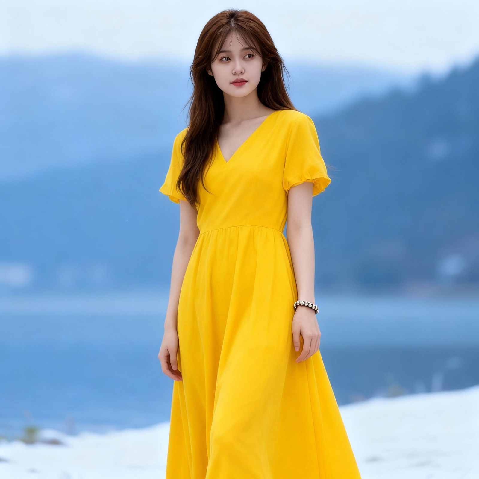 Full Body Portrait of Woman in Pink Dress with Scenic Backgr...