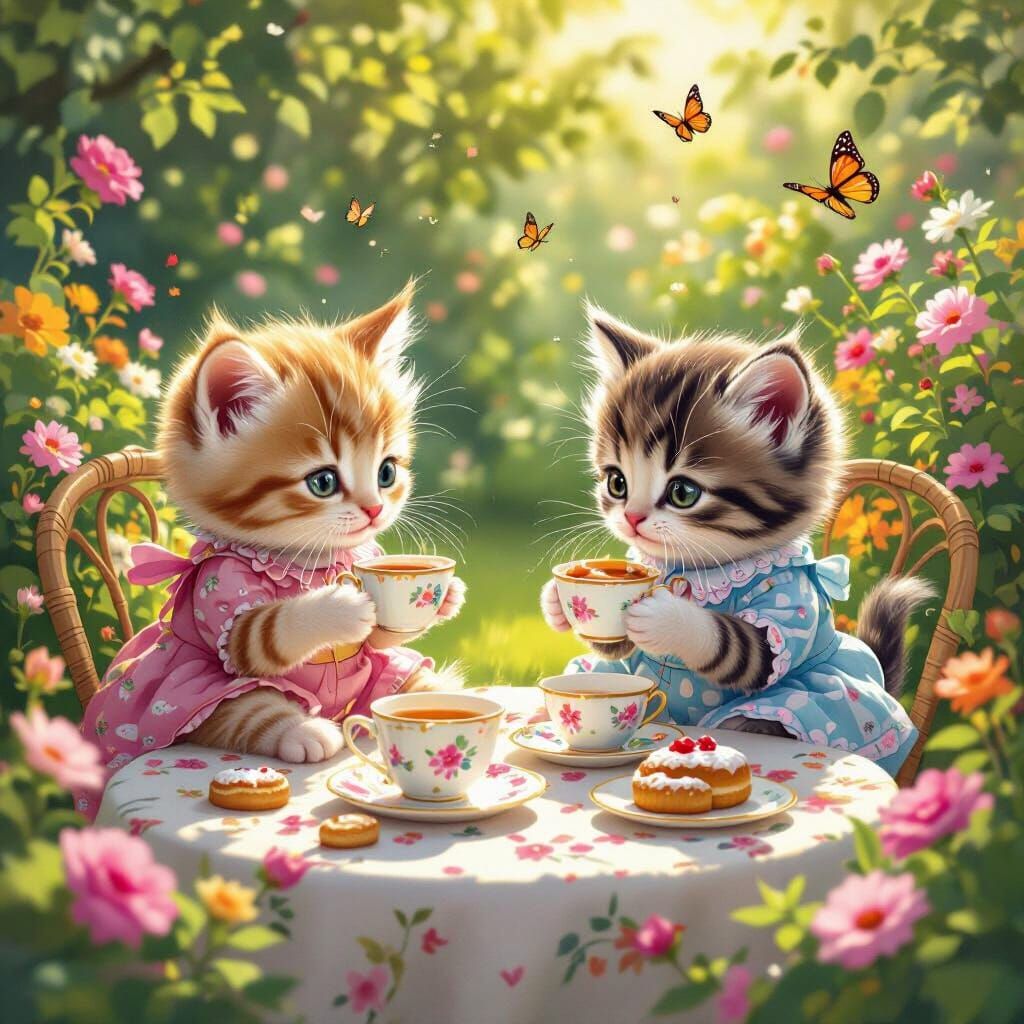 Kittens' Tea Party in a Cartoonish Style