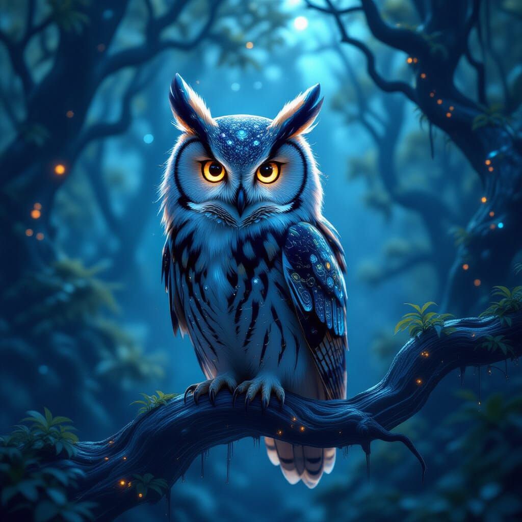 Majestic Owl with Bioluminescent Feathers in Cosmic Forest