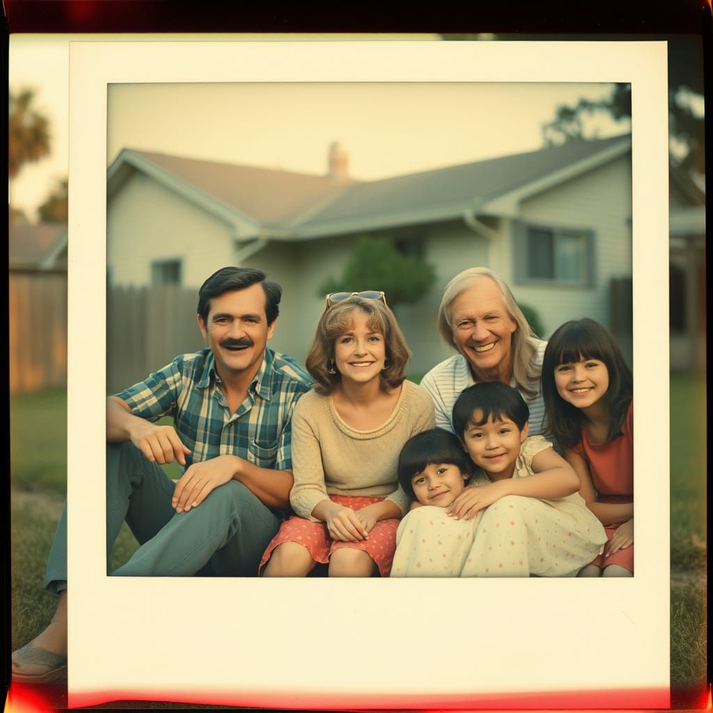 1970s Suburban Family Portrait: Faded Polaroid Style