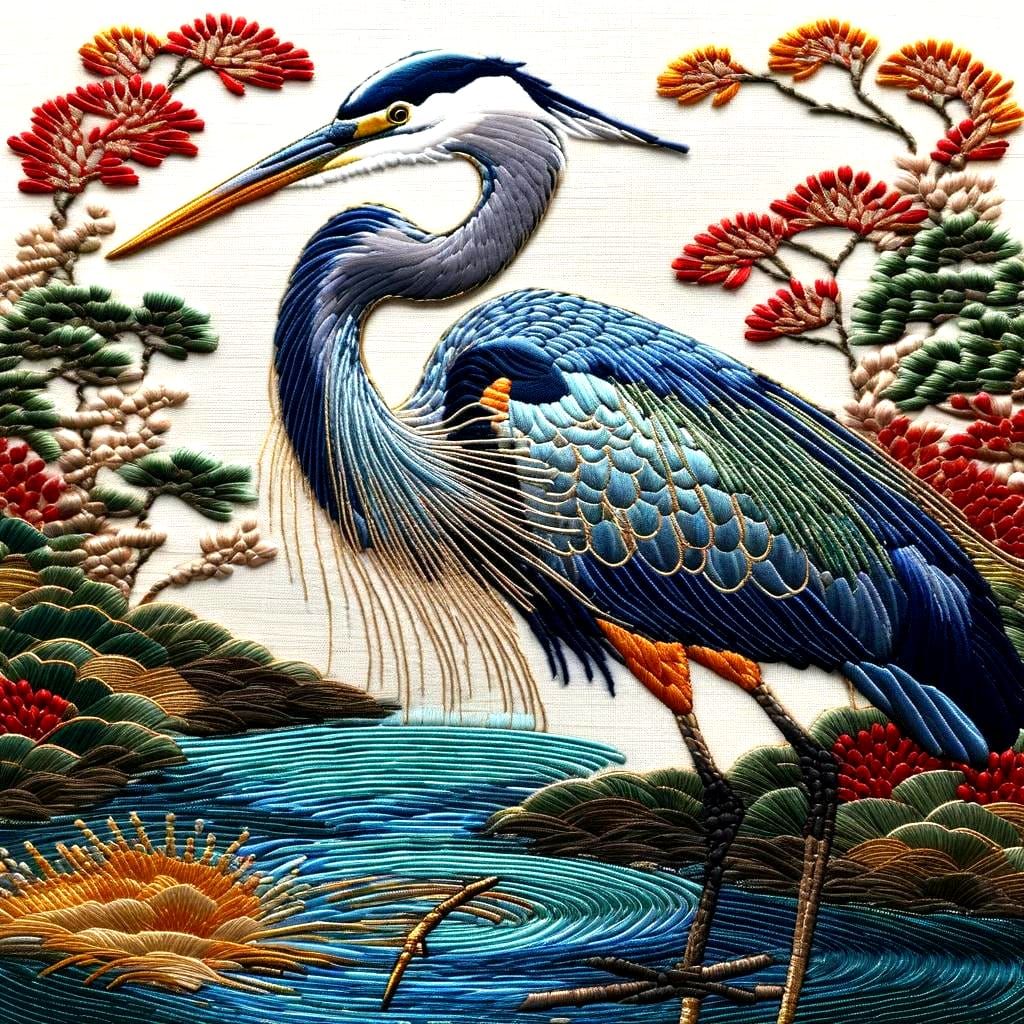 Japanese embroidery of a blue heron in water
