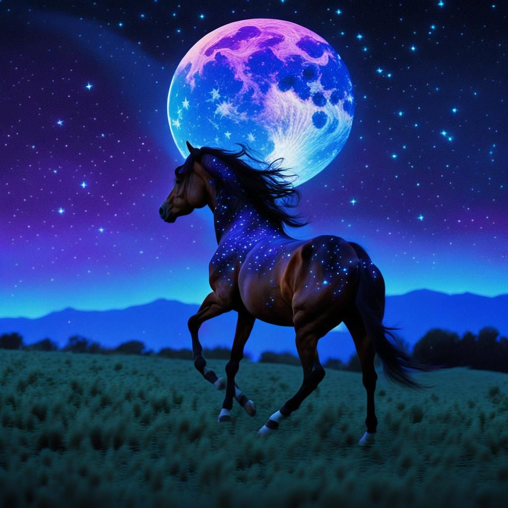 Glow-in-the-Dark Horse Galloping Under Starry Night
