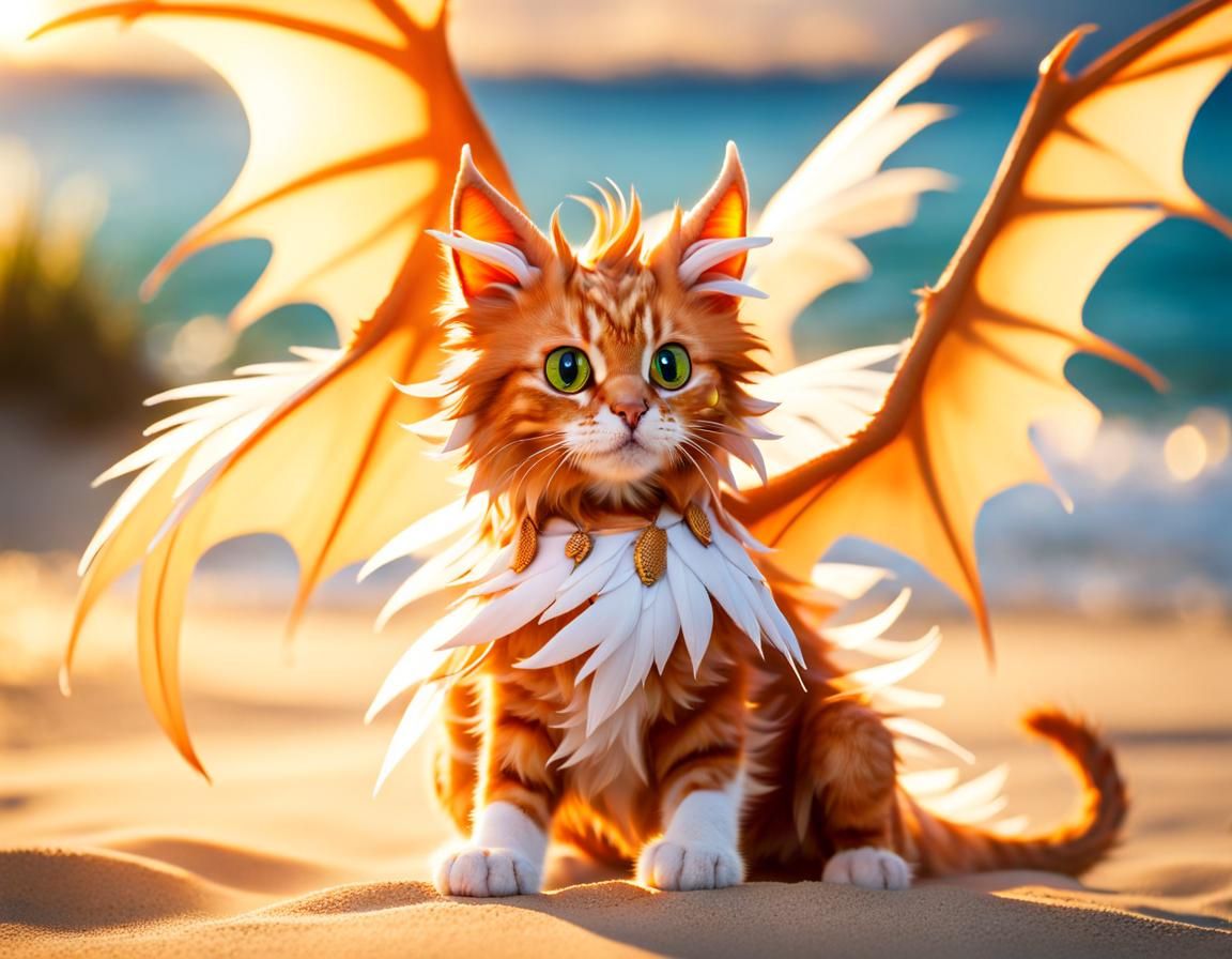 Ginger Cat Dragon with Feathered Wings on Beach