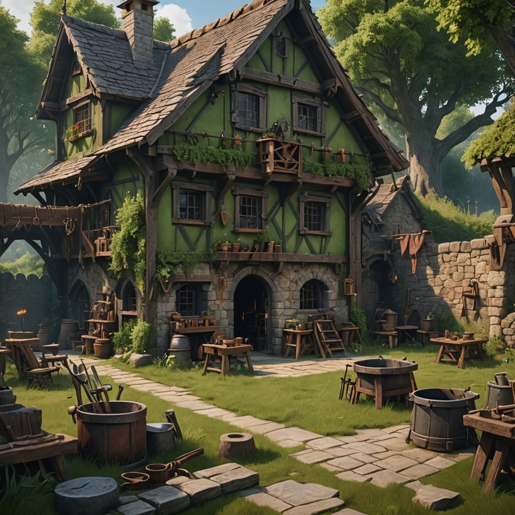 Medieval Blacksmith Workshop: Detailed Fantasy Art