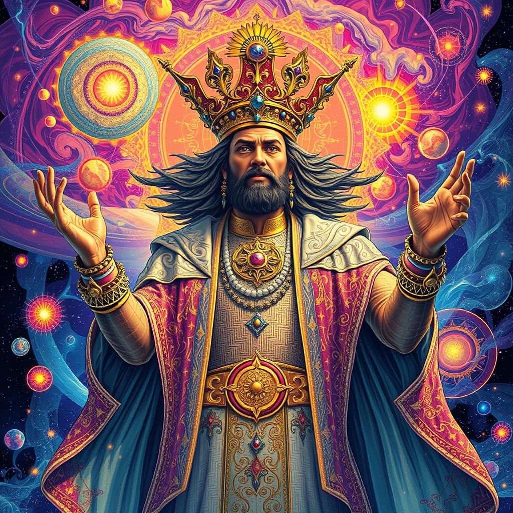 Victorious Regal Figure in Cosmic Holographic Illustration