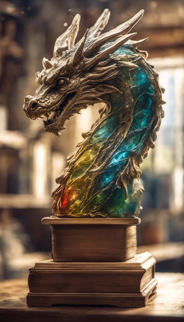 Glass Dragon Trophy Figurine on Bookshelf