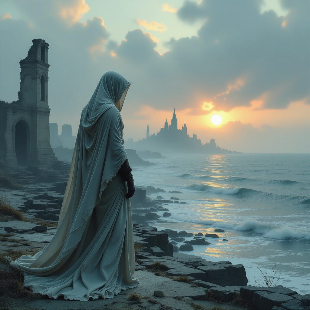 Elegant Figure on Ruined Coastline in Biomechanical Surreali...