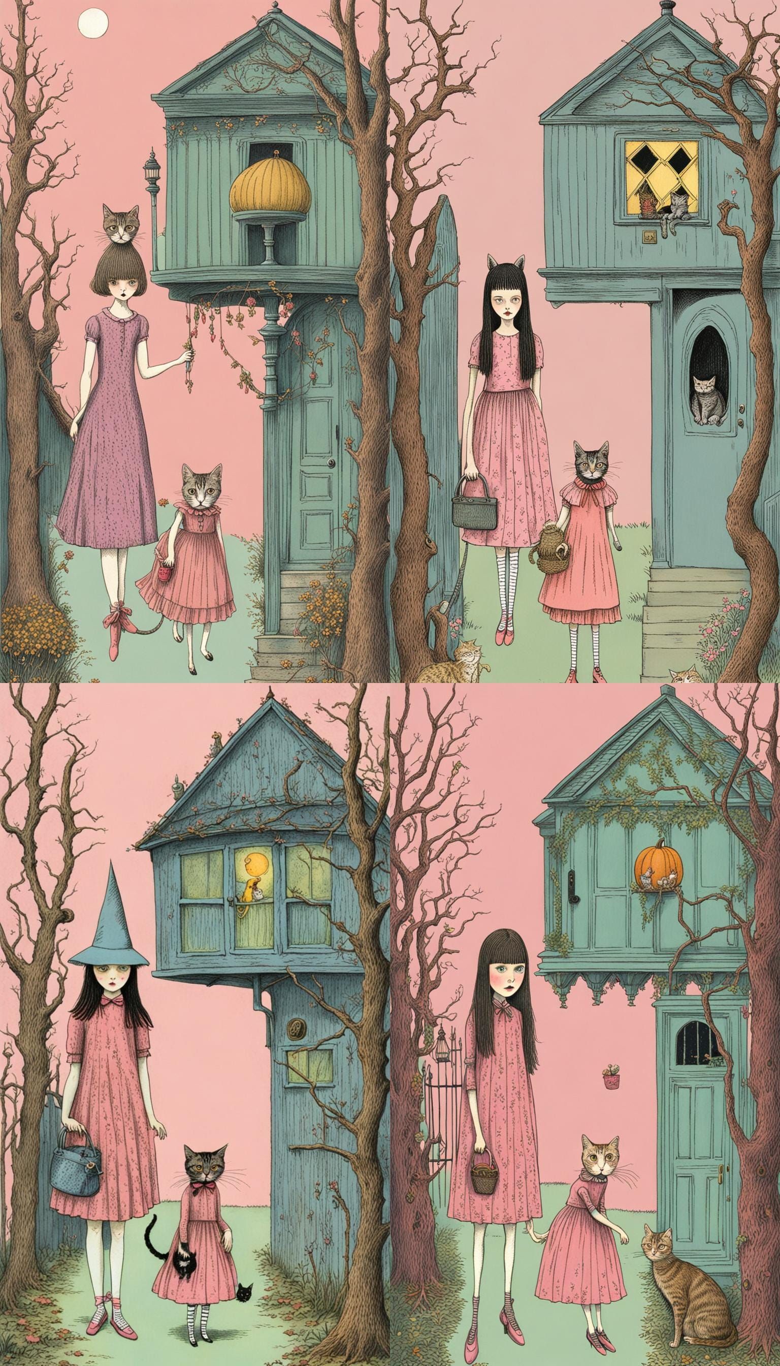 Horror Girl and Cat in Pastel, Gorey Style