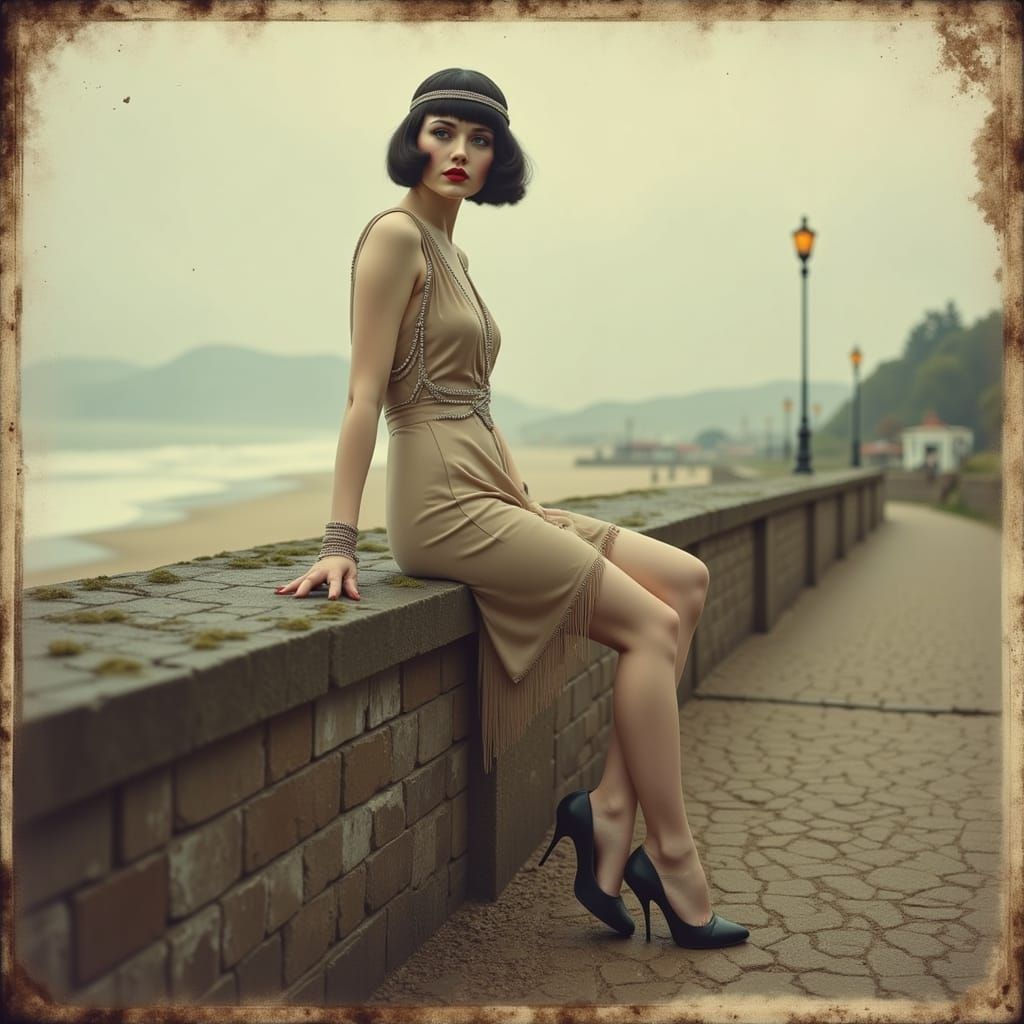 1920s Flapper on Misty Beach at Dawn