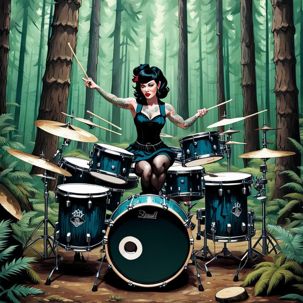 Tattooed Pinup Drummer in Forest Scene