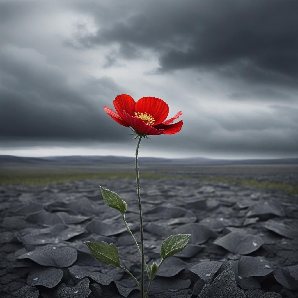 Vibrant Red Flower Amidst Gray Landscape Illustration