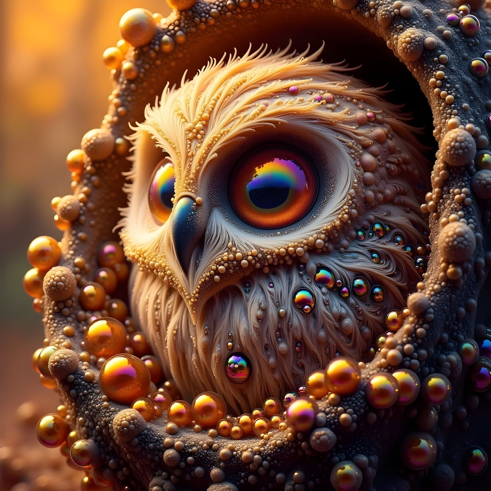 Enchanted Autumn Baby Owl Amidst Iridescent Bubbles