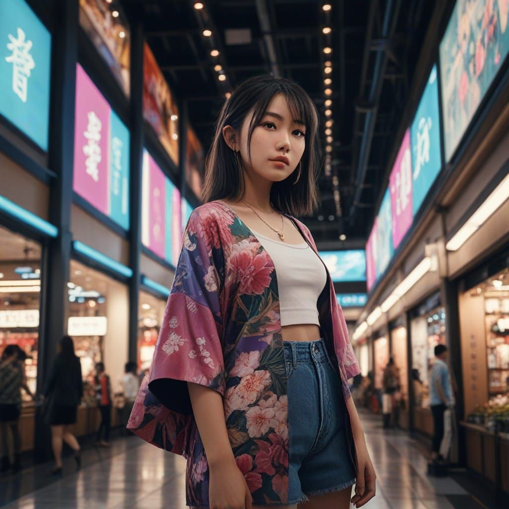 Japanese Girl Poses in Neon Lit Shopping Mall