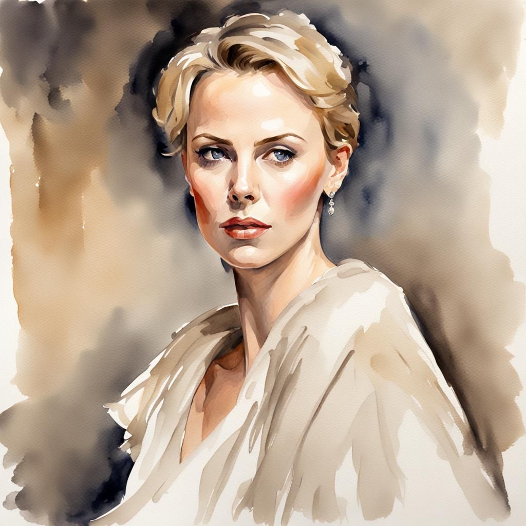 Charlize Theron Watercolor Portrait in Sargent Style