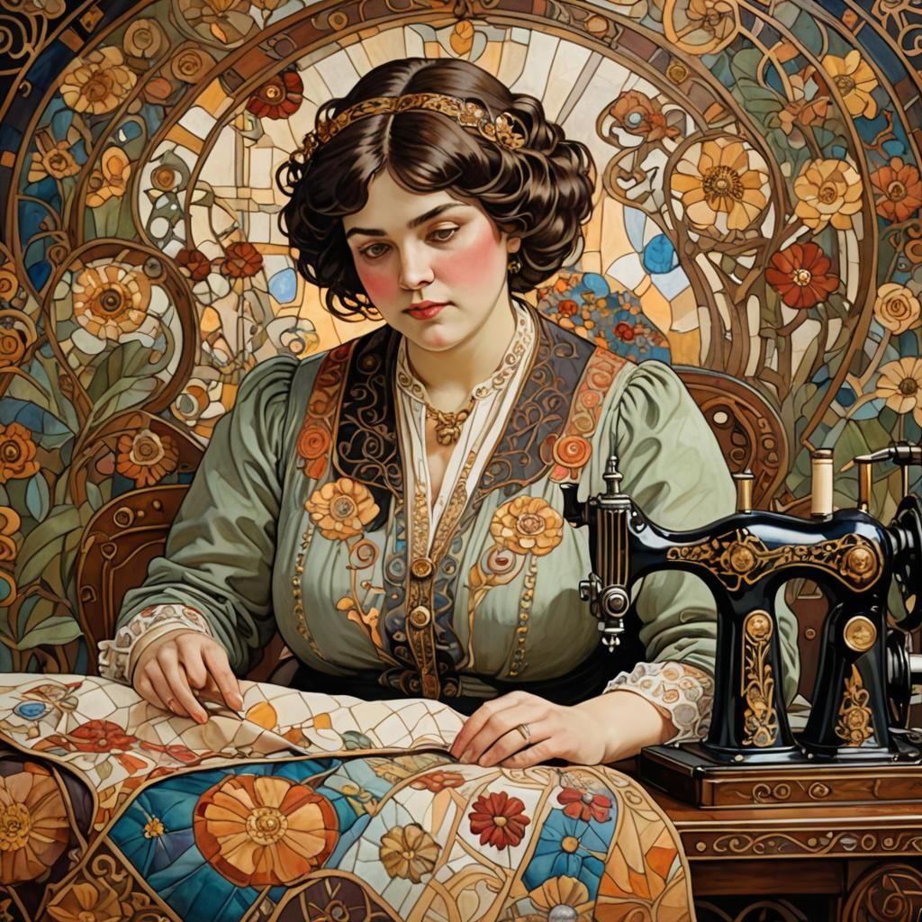 Art Nouveau Portrait: Brunette Sewing Klimt Quilt