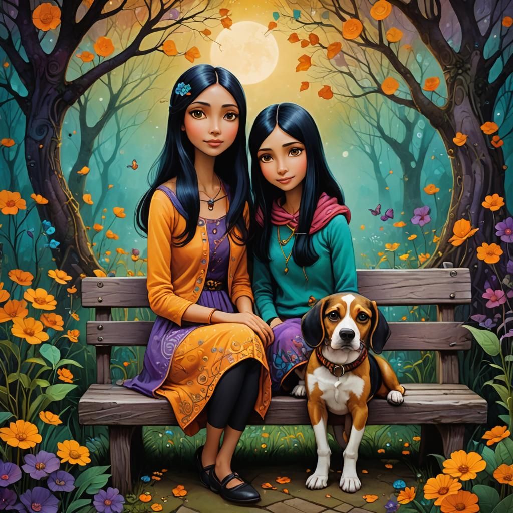 Indian Girls and Beagle in Magical Garden