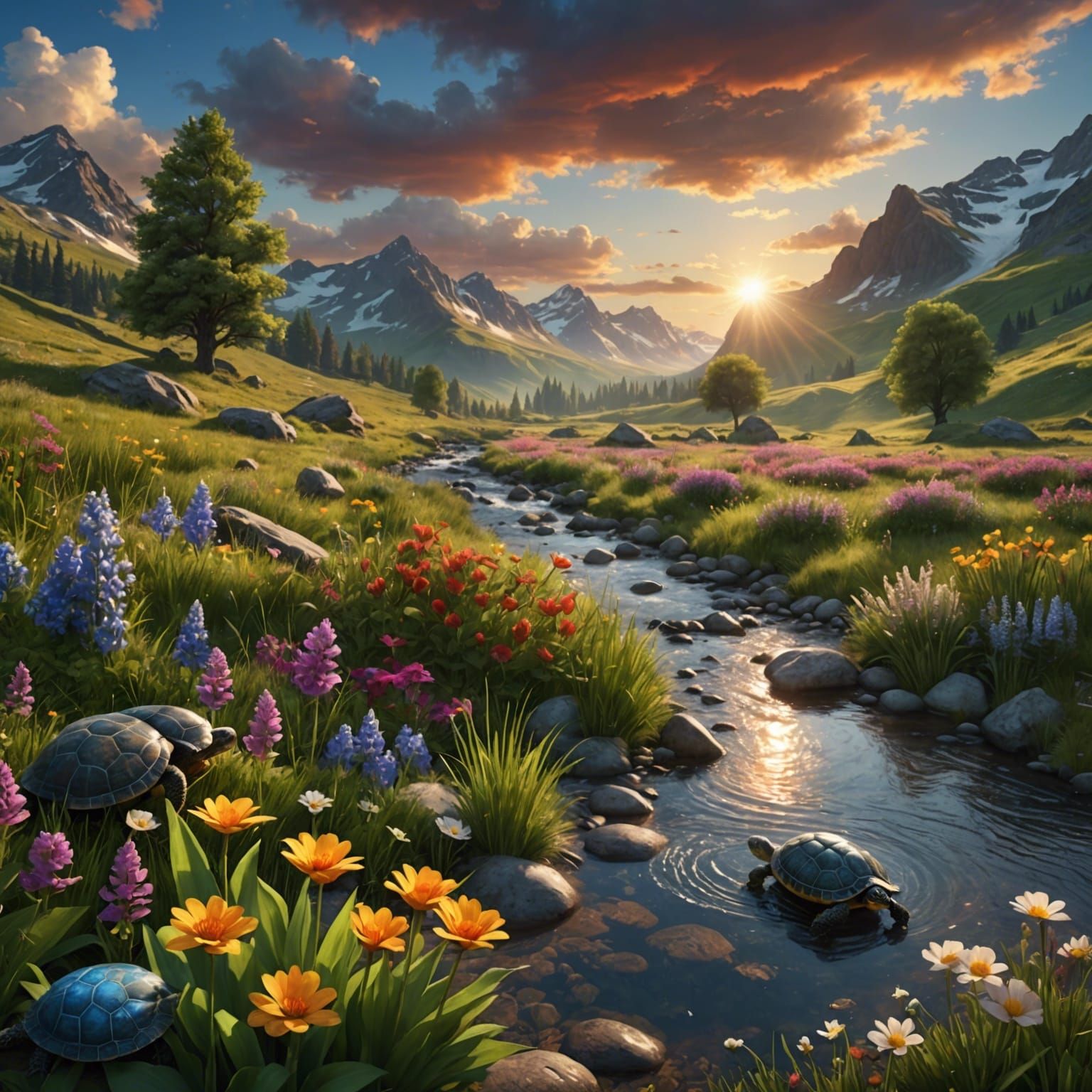 Photorealistic Valley Meadow at Dazzling Sunrise