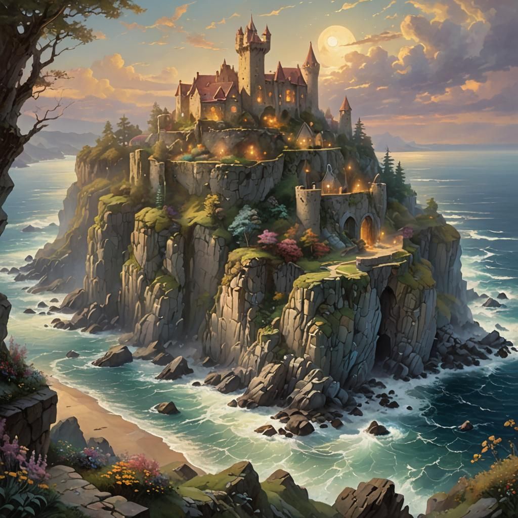 Castle Ruins Overlooking Sea in Dreamy Oil Painting