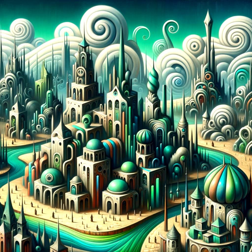 Whimsical Steampunk Town in Surreal Green Palette