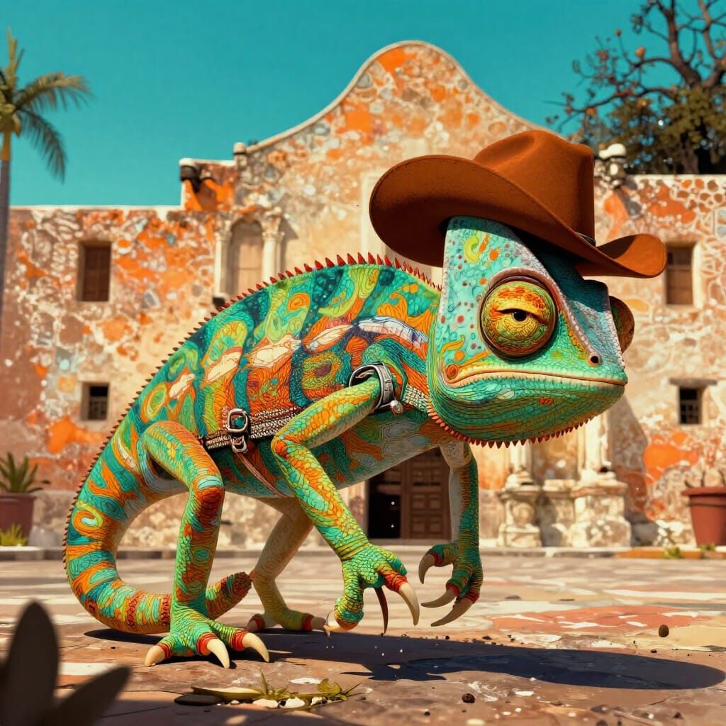 Drowsy Chameleon in Cowboy Outfit at the Alamo, Cartoon Styl...