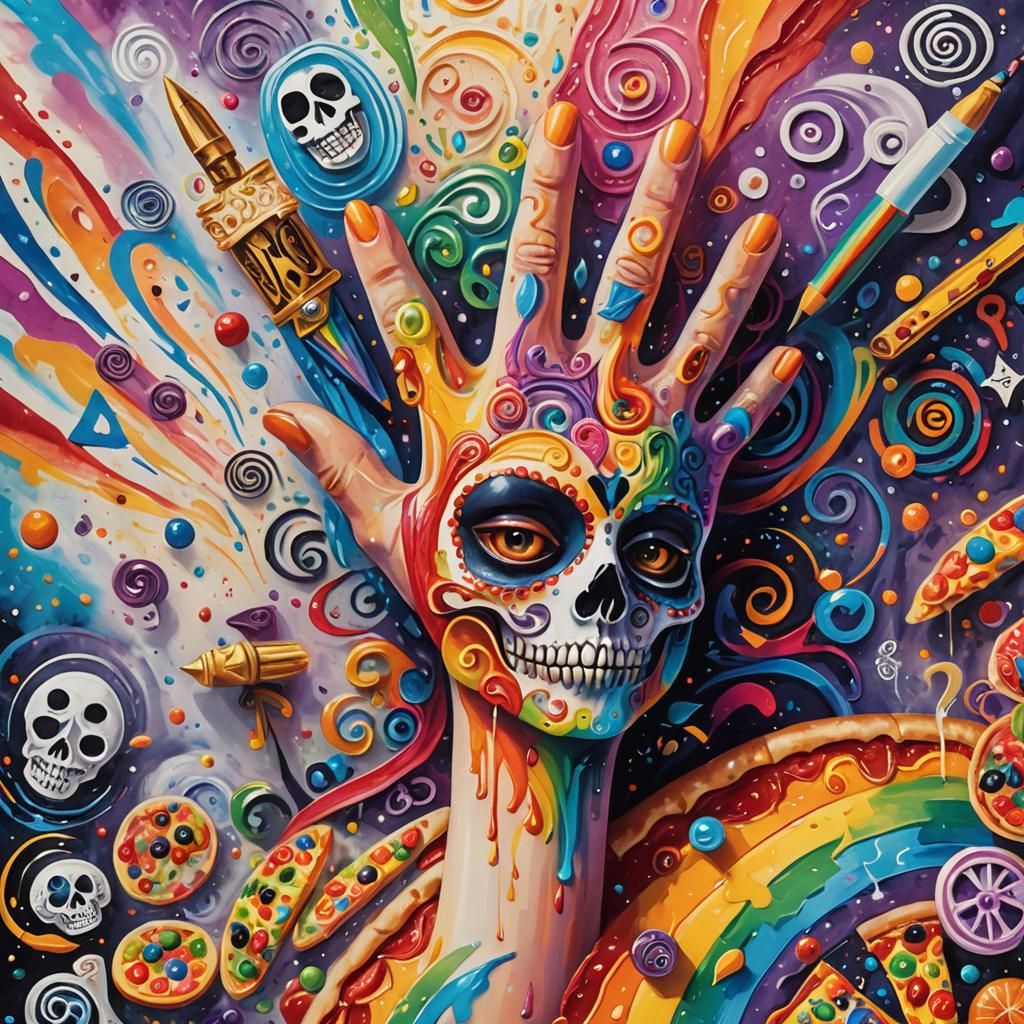 Surrealist Hand with Mystic Symbols and Cubist Pizzas