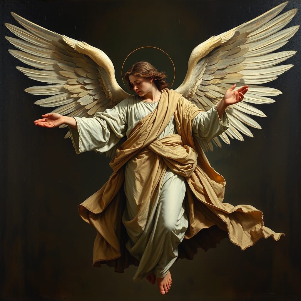 Majestic Angel in Flowing Robes as Oil Painting