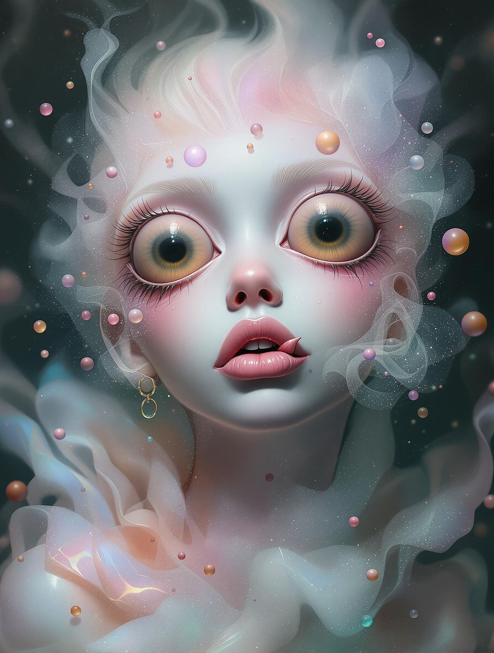 a wildly exaggerated cartoon Ethereal, dreamlike woman, shro...