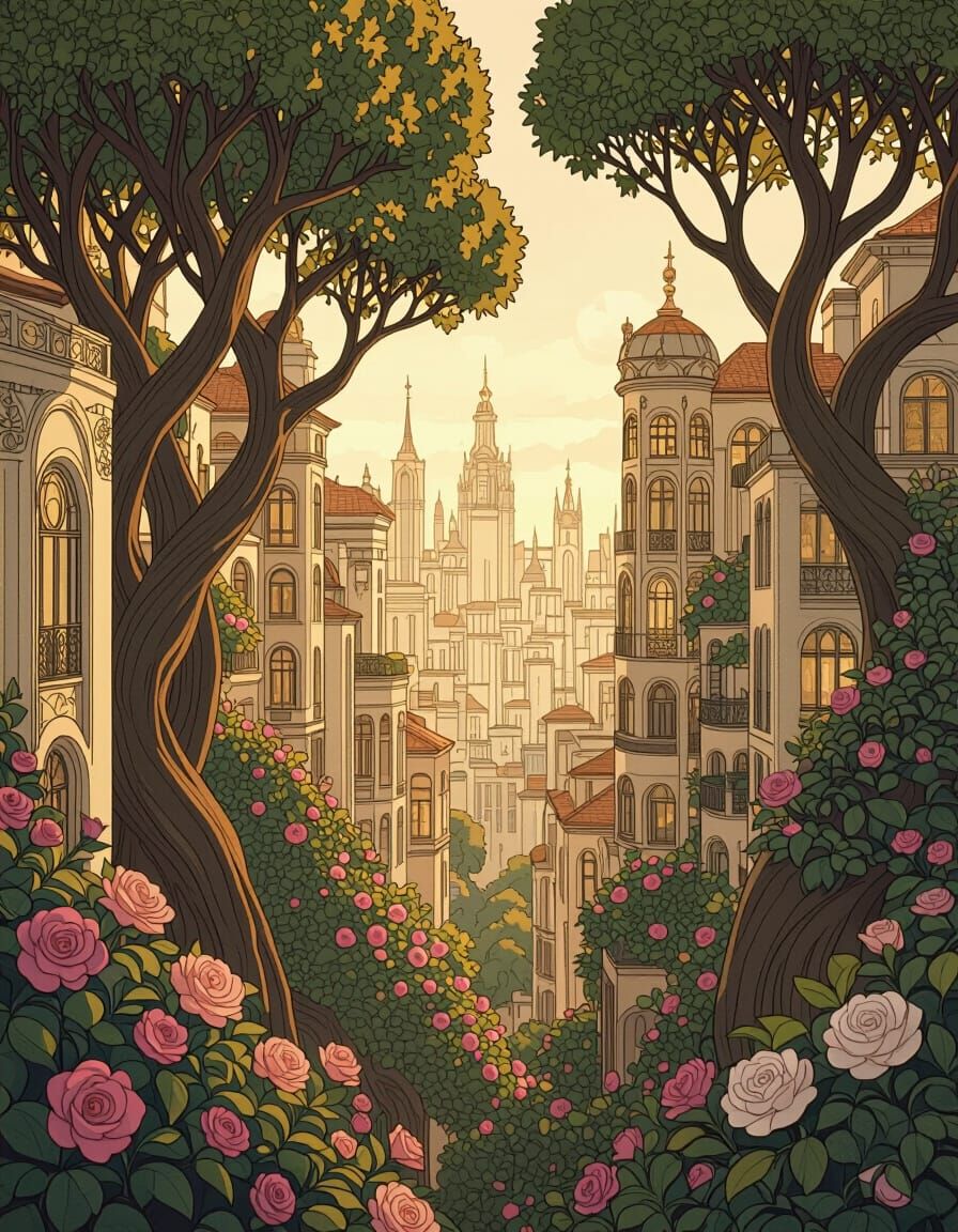 Surreal Nature Cityscape in Art Nouveau Style
