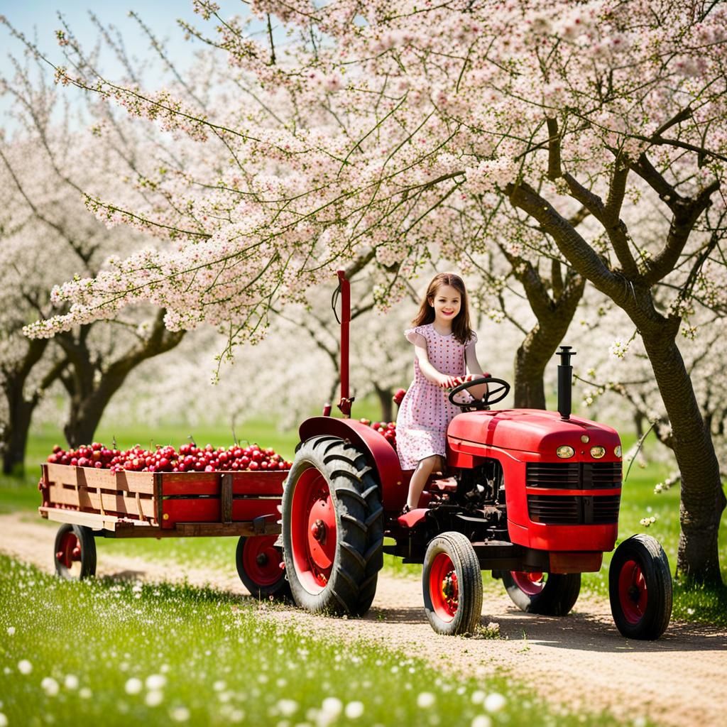 Girls Playing Under Cherry Blossoms: Orchard Scene